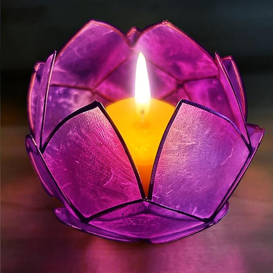 Blooming Lotus Capiz Shell Tealight Candle Holder, Handcrafted Decorative Tea Light Candleholder with Translucent Flower Petals for Ambient Illumination and Natural Elegance, Purple-Ruum Studio Home