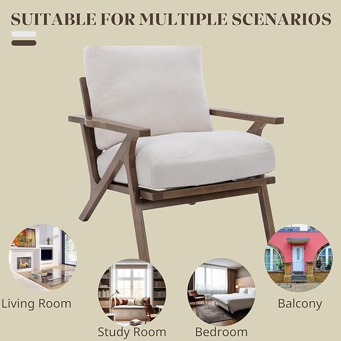 Wahson Set of 2 Mid Century Chair, Upholstered Accent Armchairs, with Wood Frame and Linen Cushions, Leisure Slipper Chair for Living Room/Bedroom, Cream-Ruum Studio Home