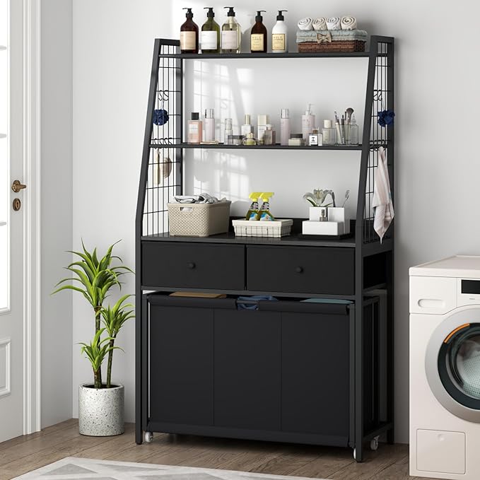 Laundry Hamper Laundry Basket with 3 Section Pull-Out Rolling Bags & 2-Tier Storage Shelf, Laundry Sorter for Organization and Storage with 2 Drawers for Laundry Room, Bathroom-Ruum Studio Home