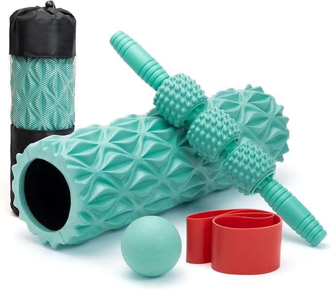 5 in1 Foam Roller Set, Trigger Point Foam Roller, Massage Roller Stick, Massage Ball, Resistance Band for Deep Muscle Massage Pilates Yoga,Fitness Exercise for Whole Body (Pure Turquoise)-Ruum Studio Home