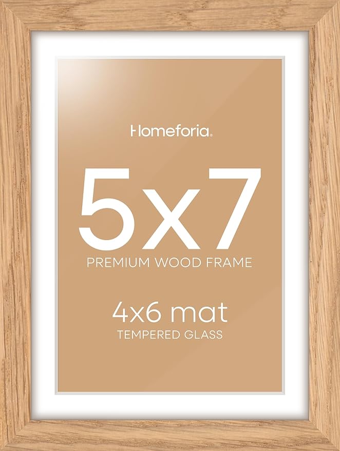 Homeforia 5x7 Picture Frame Wood, High End Natural Oak 5x7 Light Wooden Frames with Mat 4x6 for Photo, 5 x 7 Frame Matted to 4 x 6 Print, 7x5 Wall or Tabletop Frame, Tempered Glass, Wall Kit, Set of 1-Ruum Studio Home