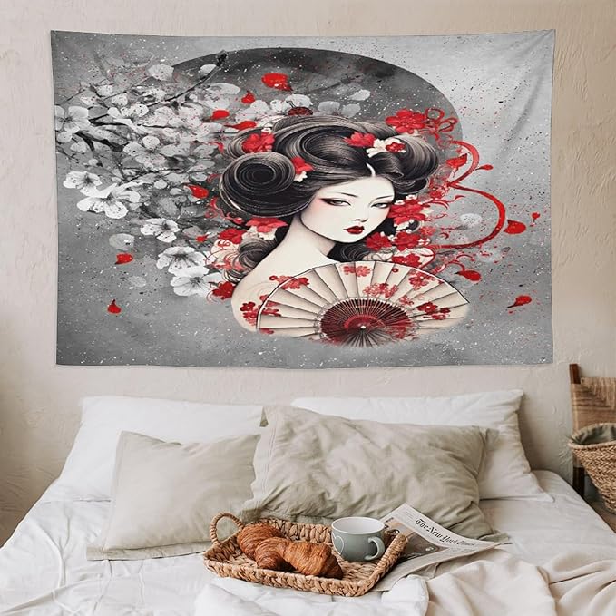 Japanese Geisha Tapestry Asian Red Cherry Blossom Red Sun Traditional Kimono Folk Tapestries Home Decor for Living Room Bedroom Apartment Farmhouse Dorm 90"x60"-Ruum Studio Home