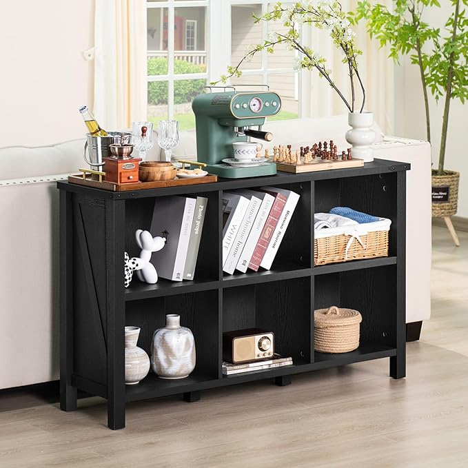 6 Cube Bookcase, Farmhouse Wood Low Storage Organizer Book Shelf, Black 47" Horizontal Console Bookshelf with Legs, Hallway Book Case for Entryway, Display Cabinet for Living Room, Office-Ruum Studio Home