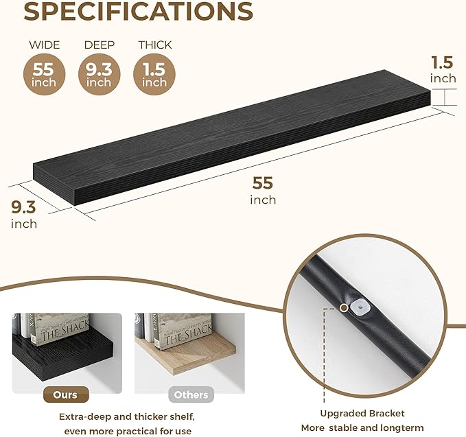 55 Inches Floating Shelves for Wall, 9.3" Deep Long Floating Shelves Set of 1, Large Display & Storage Shelf, Wall Shelf for Bathroom Bedroom Living Room Kitchen Office, Black-Ruum Studio Home