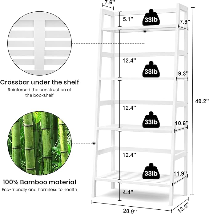 Homykic Bamboo White Bookshelf 4-Tier Ladder Shelf, 49.2” Freestanding Open Bookcase Book Shelf Bathroom Storage Shelf Unit Plant Stand for Small Space, Bedroom, Living Room, Home Office-Ruum Studio Home