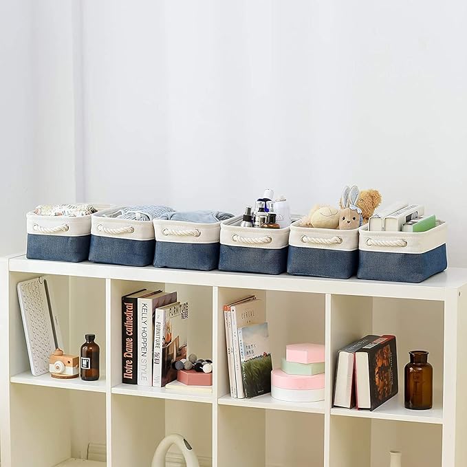 TheWarmHome Storage Bins for Shelves - 12x8x5.2 inch 1 Pack Baskets for Gifts Empty, Fabric Storage Cubes for Closet Organizing Dog Gift Cloth Toy (White & Jean Blue)-Ruum Studio Home