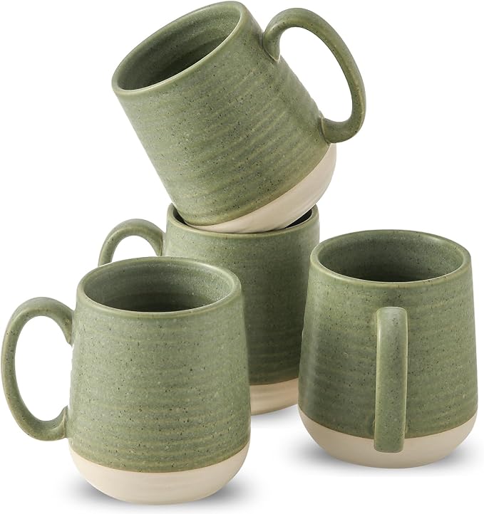 Large Ceramic Coffee Mugs Set - 15 OZ Porcelain Coffee Latte Cups Set of 4 with Handle Perfect for Cappuccino, Tea, Mocha, Hot or Cold Drinks, Unique Glaze Design for Home, Cafe and Coffee Bar, Green-Ruum Studio Home