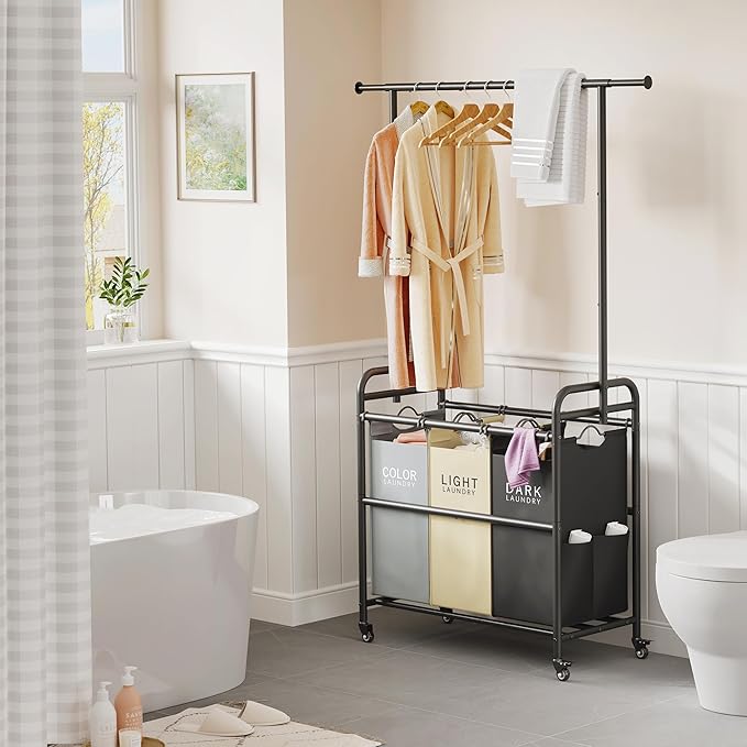 Tajsoon Laundry Sorter Cart with Hanging Clothes Rack, 3 Butler Sorter Basket Organizer, Laundry Hamper Cart with Heavy Duty Rolling Lockable Wheels, 3 Colors-Ruum Studio Home
