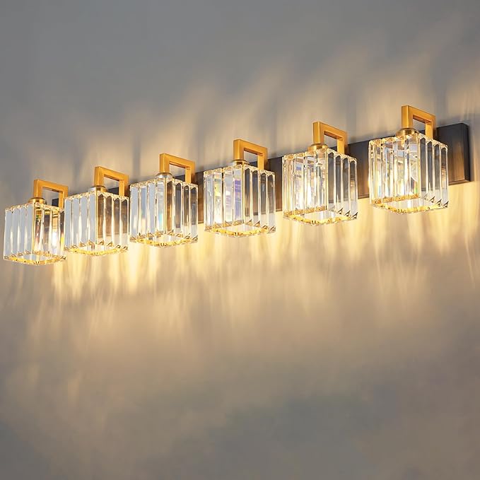Modern Bathroom Vanity Light 6-Lights Black Gold Crystal Wall Lamp Bathroom Modern Crystal Vanity Lighting-Ruum Studio Home