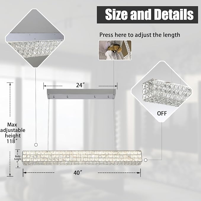 Modern Crystal Chandelier Silver Rectangular Crystal Chandelier Contemporary Linear Pendant Ceiling Light Fixture for Living Dining Room Kitchen Island (L 40")-Ruum Studio Home