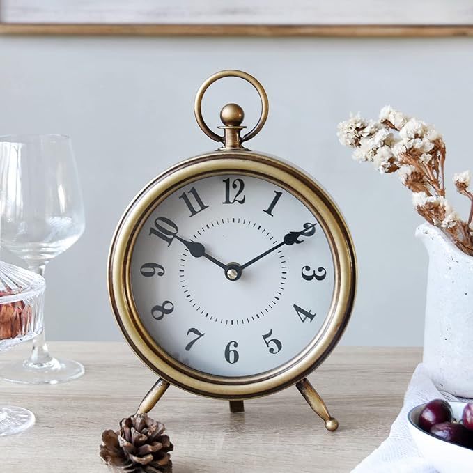 Vintage Table Clock on Stand, Decorative Desk and Shelf Clock Rustic Mantel Clock Non-Ticking, Metal Frame with Antique Gold Finish
