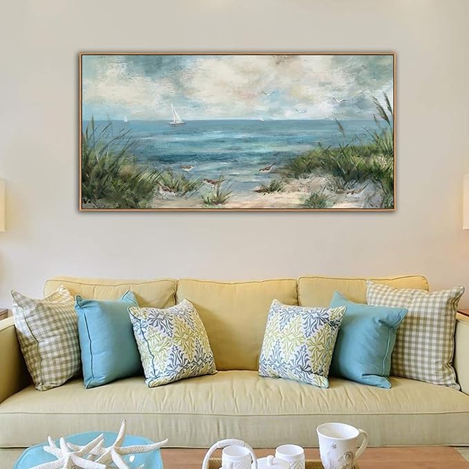Sea Beach Framed Canvas Wall Art Vintage Seascape Canvas Prints Wall Decor Ocean Sailboat Seagull Canvas Pictures Beach Bird Reed Canvas Painting Artwork Living Room Bedroom Decoration 29" X 58"-Ruum Studio Home
