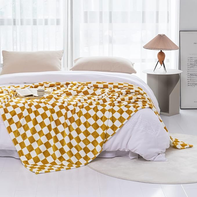 LOMAO Throw Blankets Flannel Blanket with Checkerboard Grid Pattern Soft Throw Blanket for Couch, Bed, Sofa Luxurious Warm and Cozy for All Seasons (Yellow, 60"x80")-Ruum Studio Home
