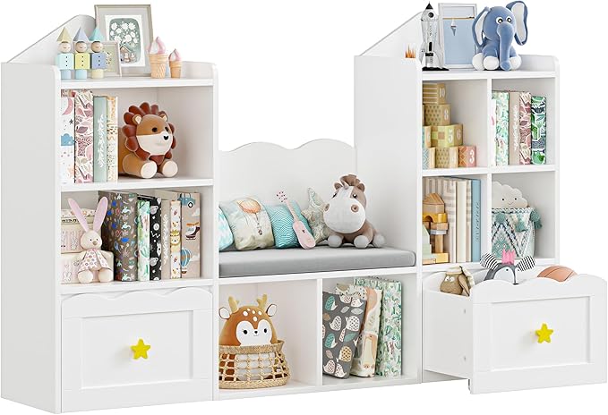 Kids Bookshelf with Reading Nook, Kids Bookcase with Soft Cushion Seat, 2 Wheels Drawers and 8 Storage Cubbies, Toy Storage Organizer for Kid's Room Playroom, Bedroom, School, White-Ruum Studio Home