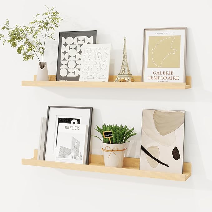 Picture Ledge Shelf, Solid Pine Wood Floating Shelves Set of 2, 24 Inches Nursery Book Shelves for Toys Storage, Kids Bookshelf Wall Mounted for Living Room Decor Photo Frames, Unfinished Natural-Ruum Studio Home