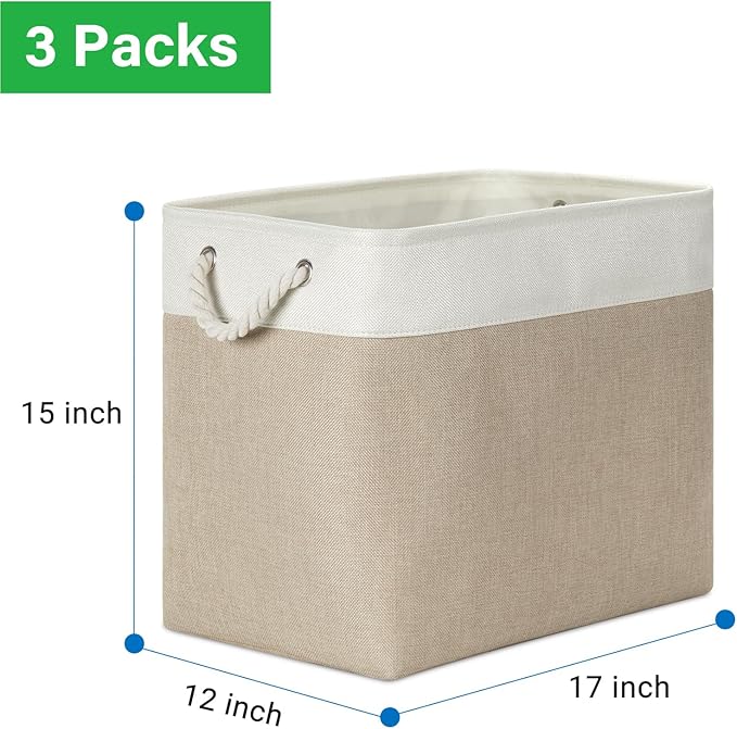 Bidtakay Extra Large Storage Baskets for Organizing 17x12x15.1 inch 3-Pack Fabric Closet Organizers Storage Bins with Handles Foldable Storage Baskets for Shelves Clothes XL-White&Beige-Ruum Studio Home
