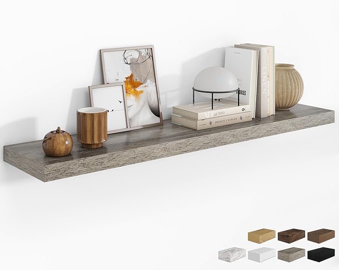 RICHFOCUS 55Inch Floating Shelves for Wall 1 Pack Shelves for Bedroom|Kitchen|Bathroom Wall Mounted Rustic Wood Floating Shelf with Invisible Brackets for Books|Storage|Decor, Grey-Ruum Studio Home