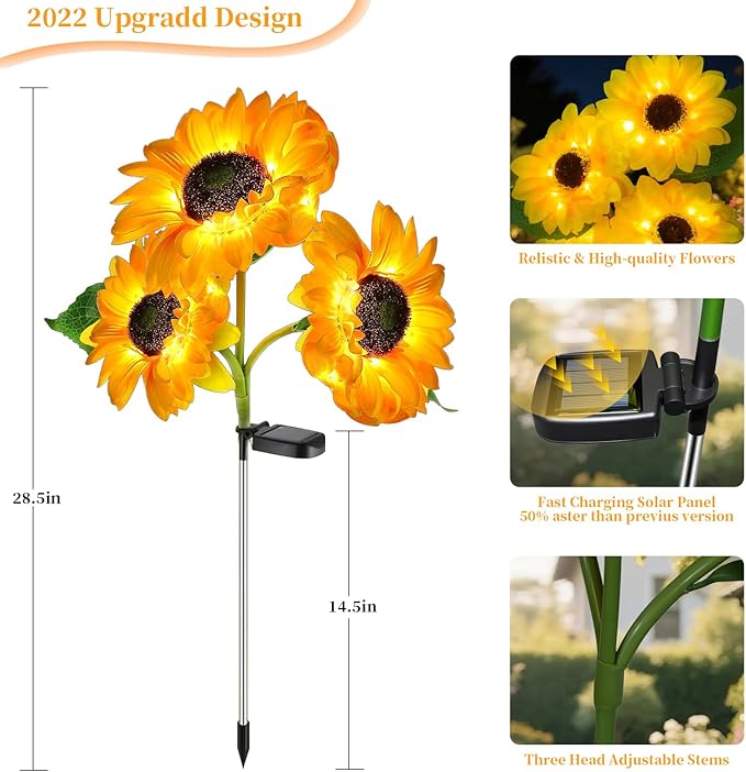 Outdoor Solar Garden Stake Lights,Upgraded LED Solar Powered Light with 3 Sunflower, Waterproof Solar Decorative Lights for Garden, Patio, Backyard (1 Pack 3 Flower)-Ruum Studio Home