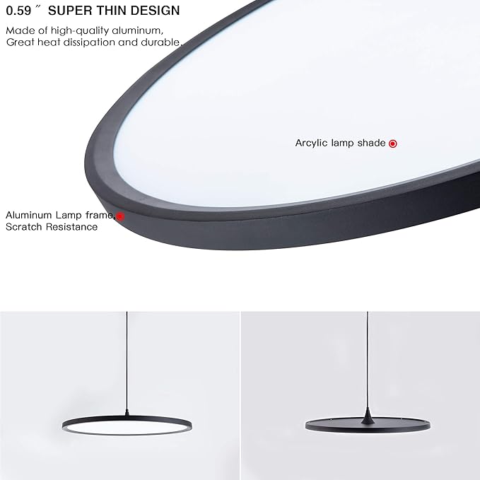 MADEM Modern LED Pendant Light 23.6'' Disc Chandelier Hanging Lighting Fixture with Acrylic Shape Dimmable Office Chandelier 6000K for Office Room Football Bedroom Decor Kitchen Island, Black-Ruum Studio Home