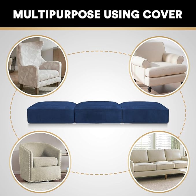 PrinceDeco Couch Cushion Covers, Stretch Washable Sofa Cushion Cover, Fitted Sofa Slipcover Velvet Fabric Non-Slip Furniture Protector for Dog,Pets, Kid (Each Width Up to 29.5", Navy)-Ruum Studio Home