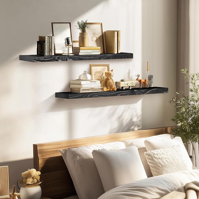 36"x6.8"x1.2" Solid Wood Floating Shelves 2-Pack - Rustic Black Finish with Hidden Brackets, Perfect for Storage and Décor in Living Room, Kitchen, Bedroom-Ruum Studio Home