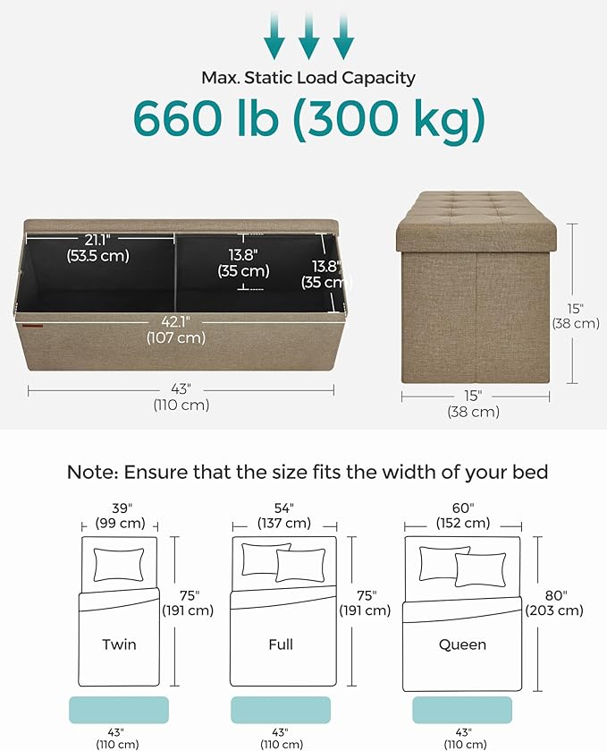SONGMICS MAZIE Collection - 43 Inches Folding Storage Ottoman Bench, Ottoman Foot Rest, End of Bed Bench, Storage Chest, Load 660 lb, for Living Room, Bedroom, Entryway, Camel Brown ULSF077R01-Ruum Studio Home