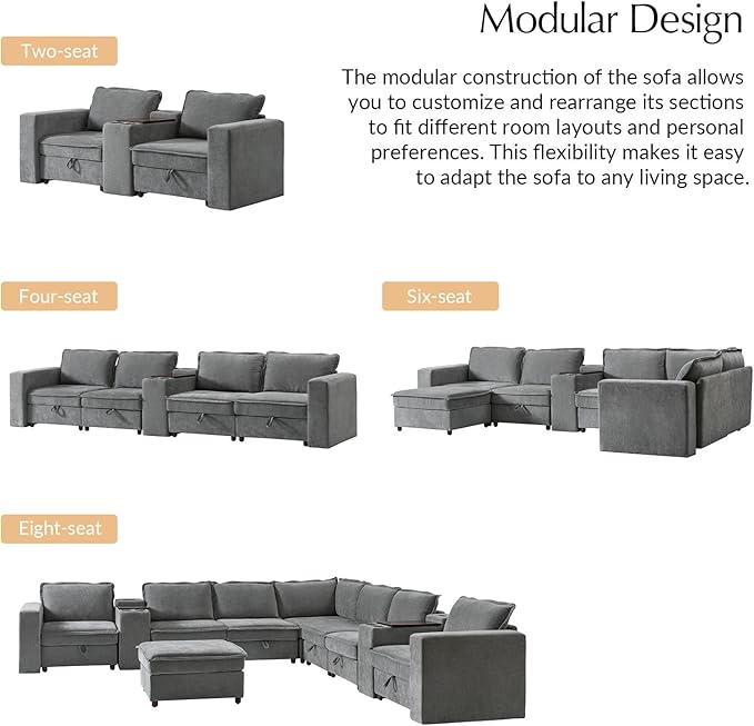 HULALA HOME 88" Loveseat Sofa with USB Port and Console, Oversized 2 Seater Sofa with Storage Ottoman, Comfy Upholstered Loveseat Couch for Living Room Bedroom, FSC Certified, Grey-Ruum Studio Home