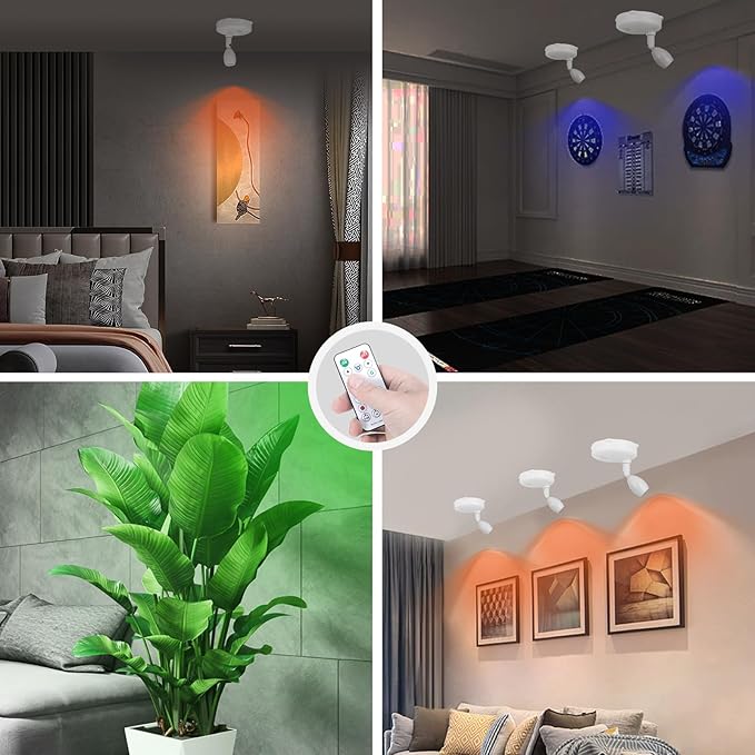 Cordless Spotlight Battery Operated, RGB Indoor Plant Light, Dimmable Accent Uplight with Remote, Color Changing Display Lighting for Picture Tree Photo Dartboard Painting Art-Ruum Studio Home