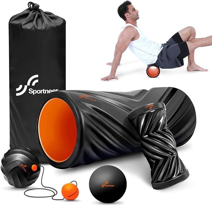 Sportneer 4 in 1 Foam Roller Set: Dual Textures Foam Roller, Foot Roller, Lacrosse Ball, Traction Massage Ball with String, Deep Massage Roller for Whole Body Release, Physical Therapy-Ruum Studio Home