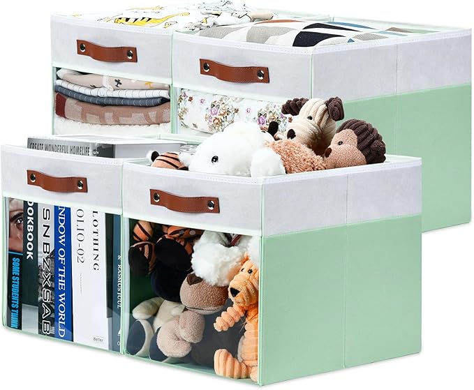HNZIGE 13x15x13 Cube Storage Bins, 4 Pack Fabric Clear Organizer With Window, Large Collapsible Shelf Bins for Closet, Toy, Clothes - White Green-Ruum Studio Home