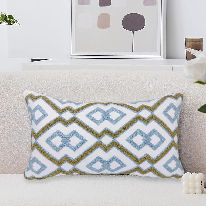 Alysheer Embroidered Lumbar Decorative Throw Pillow Cover 12"x 20", Classic Boho Geometric Embroidery Pattern Cotton Rectangular Cushion Case for Sofa Couch Living Room Bedroom (Blue Khaki)-Ruum Studio Home