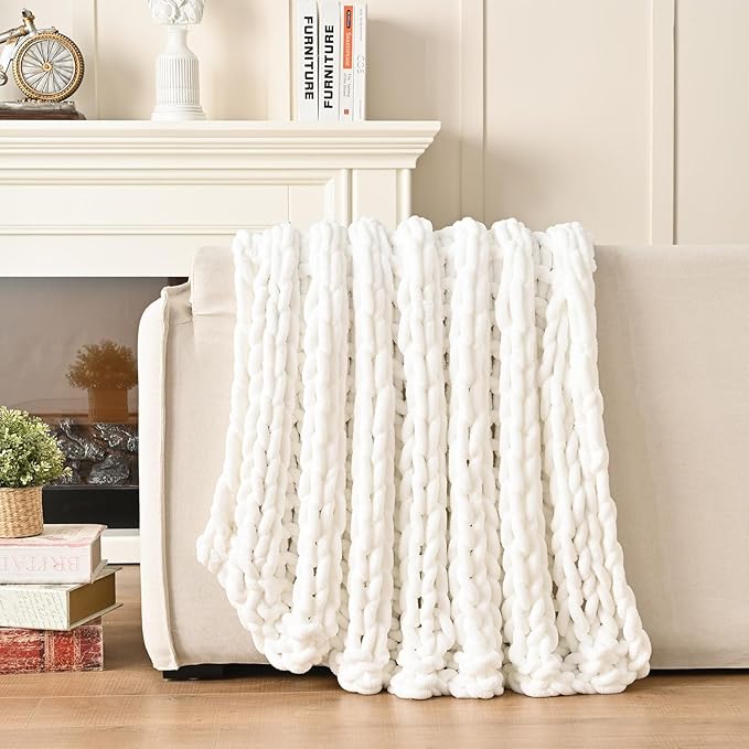 Esterra Chunky Knit Blanket Throw, 100% Handmade Chenille Throw Blanket 40"x50", Soft Thick Yarn Cable Knit Crochet Throw Blanket Rope Knot Throw for Couch Bed Sofa, Bright White-Ruum Studio Home