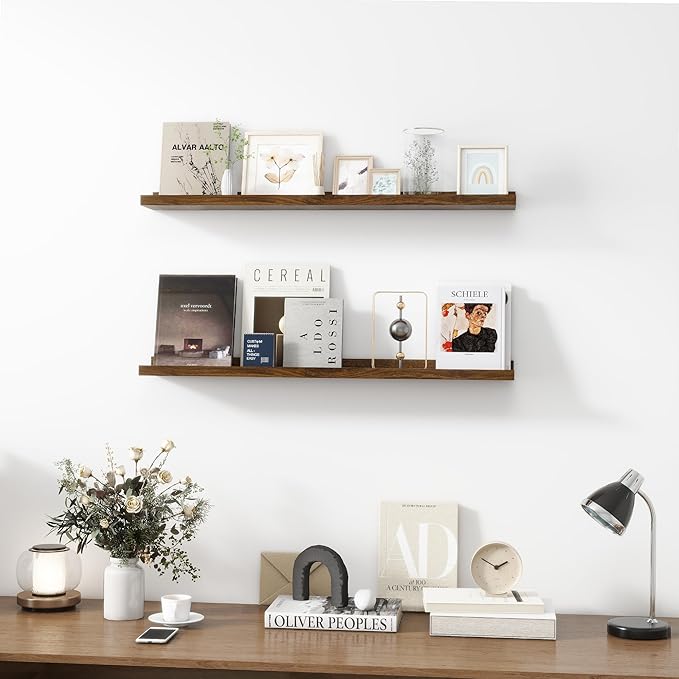 Picture Ledge Shelf, Wood Floating Shelves Set of 2, 36 inch Picture Ledge Shelves, Photo Ledge Nursery Book Shelves Wall Mounted for Living Room Kids' Room Bedroom, Color Walnut-Ruum Studio Home