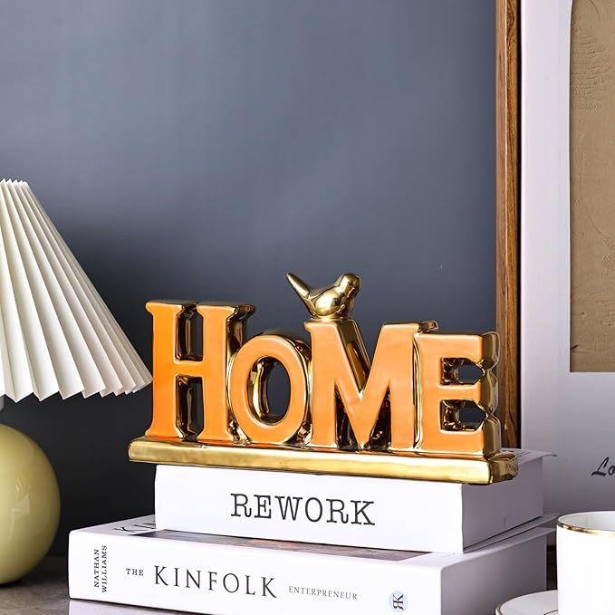 Love Sign Decoration - Orange & Gold Signs for Home Decor, Personalized Love Decor with Gold Bird Sculpture (2 Pcs)-Ruum Studio Home