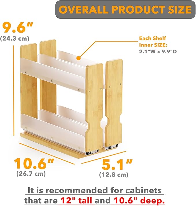 SpaceAid Bamboo Pull Out Spice Rack Organizer for Cabinet, Heavy Duty Slide Out Seasoning Kitchen Pantry Sliding Vertical Organization, 5.1" Wide, 2 Drawers(2" Wide), 2-Tier, Natural-Ruum Studio Home