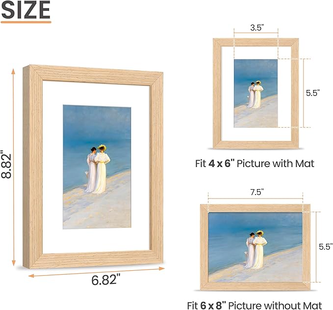 upsimples 6x8 Picture Frame, Natural Solid Wooden Picture Frames, Display 4x6 with Mat or 6 x 8 Without Mat, Wall or Tabletop, 1 Pack, Natural-Ruum Studio Home