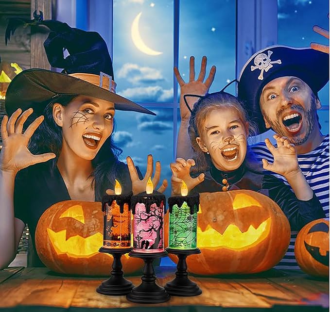 1.Halloween Snow Globe Tornado Flameless Candles Table Centerpiece for Celebration Party,Battery Operated LED Candle with 6 Hours Timer for Home Indoor Halloween Decoration (Spider)-Ruum Studio Home