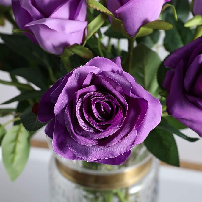 Purple Fake Roses Artificial Flowers - 16 Pcs Fake Artificial Roses Silk Flowers with Stems for Home Wedding Hotel Office Centerpiece Decor-Ruum Studio Home