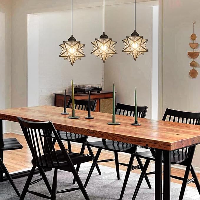 Farmhouse Modern Glam Chandelier Dining Room Clear Glass Star Pendants Light Fixture Kitchen Island LED Ceiling Hanging Lights Included Warm Light Bulbs Black-Ruum Studio Home
