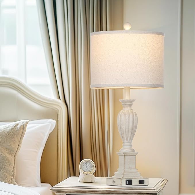 27" Farmhouse 3 Way Dimmable Touch Table Lamp Set of 2 Rustic Classic Bedside Nightstand Wood Lamps for Living Room Bedroom with USB C+A Ports Washed White (2 Bulbs Included)-Ruum Studio Home