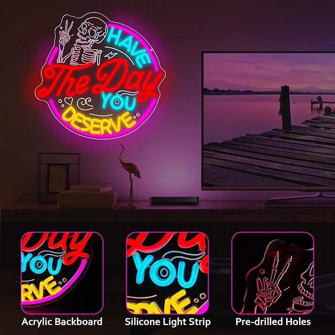 Have The Day You Deserve Neon Sign,Funny Skull Neon Signs For Wall Decor,USB Dimmable LED Neon Light signs for Bedroom,Party, Bar, club,Living Room Halloween Decoration Gifts-Ruum Studio Home