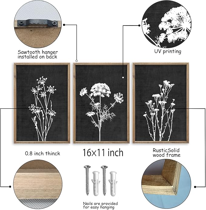 Flower Plant Wall Art Decor 16"x11" Set of 3 Black And White Botanical Painting Wood Framed For Minimalist Bedroom Office Rustic Living Room Abstract Wildflower Sign Hanging (Wood Black)-Ruum Studio Home