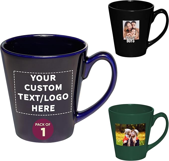 DISCOUNT PROMOS Custom Glossy Ceramic Latte Coffee Mug 12 oz. Set of 1, Personalized Bulk Pack - Perfect for Tea, Espresso, Cappuccino, Hot Cocoa - Blue-Ruum Studio Home