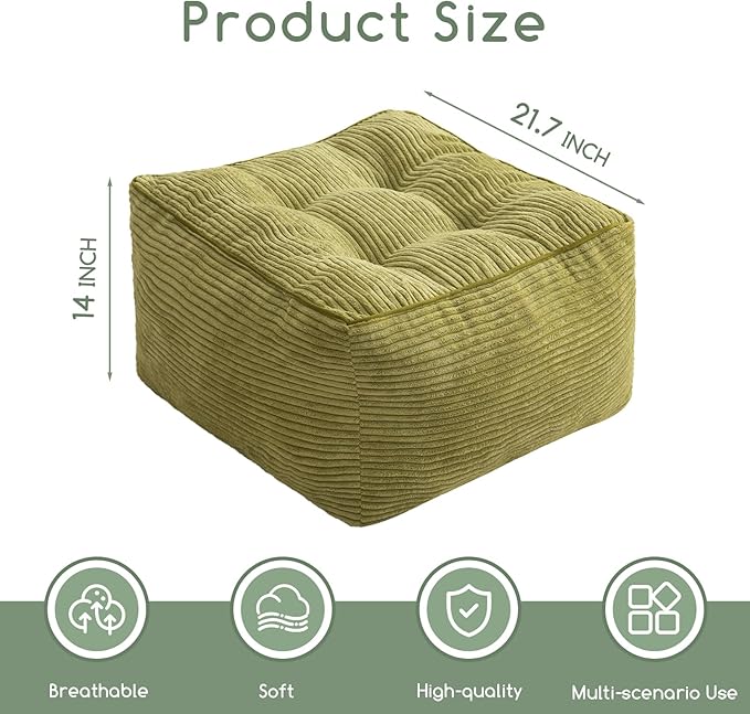 HIGOGOGO Square Stuffed Pouf Ottoman, Corduroy Poufs with Foam Chunk Filling, Furry and Fluffy Pouf Foot Stool Storage Ottoman, 21 X 21 Floor Poufs Foot Rest for Living Room, Green-Ruum Studio Home