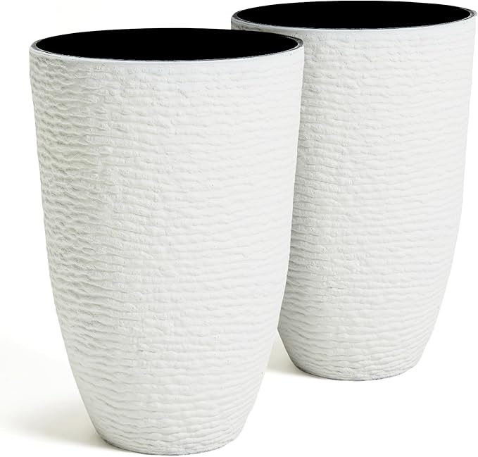 Worth Garden 2-Pack 21" H. White Tall Planters - 14'' Dia Resin Large Round Flower Pots for Outdoor Plants Trees - Imitation Stone Finish Plastic Indoor Front Porch 9 Gallon Decorative Container Patio-Ruum Studio Home