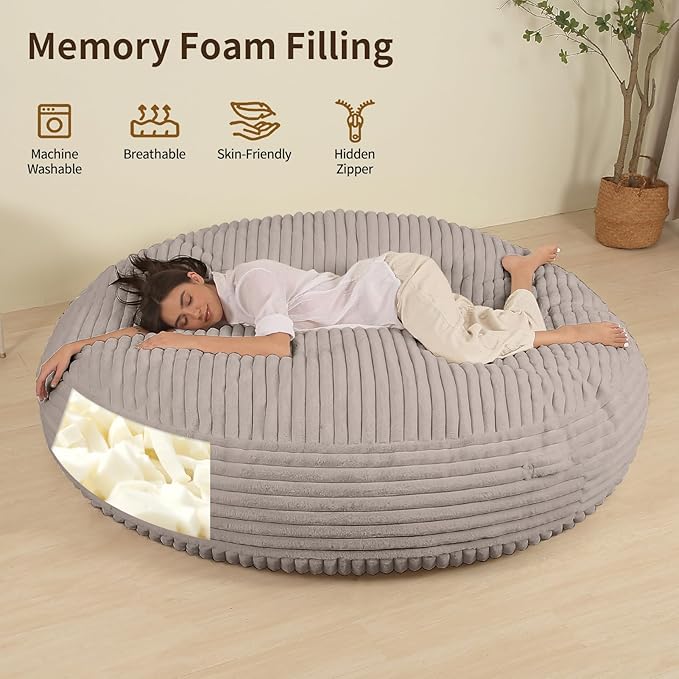 Memory Foam Bean Bag Chair, Bean Bag Bed with Fluffy Removable Cover, for Living Room Bedroom, 6FT Grey-Ruum Studio Home
