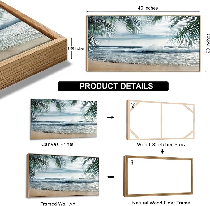 Framed Tropical Beach Wall Art - Ocean Waves Canvas Pictures Coastal Blue Sky and Sea Print Seaside Palm Tree Leaves Scene Painting Artwork Living Room Bedroom Office Home Decor 20" x 40"-Ruum Studio Home