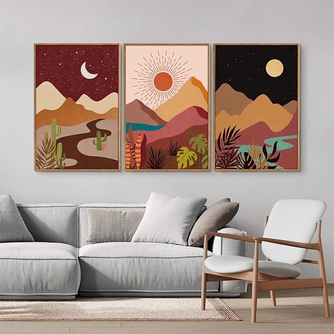 SIGNINART Boho Desert Framed Canvas Wall Art Set of 3, Colorful Sun and Moon Art Prints, Bohemian Modern Cactus Art Paintings, Southwestern Landscape Wall Decor for Living Room, Bedroom, Office 16"x24"-Ruum Studio Home