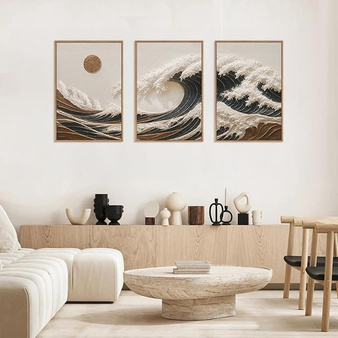 HLNIUC Sea Wave Framed Canvas Wall Art,Abstract Sun Seascape Wall Decor Set of 3(16”x24”) Large Modern Ocean Beach Art Print,Great Wave Sunset Pictures Canvas Famed Painting for Living Room,Bedroom-Ruum Studio Home