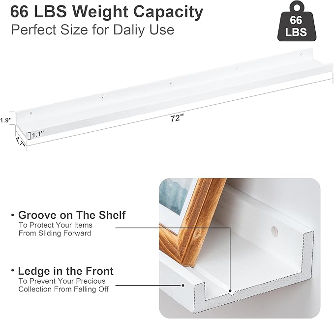 Floating Picture Ledge Shelves 72 Inch Solid Oak Wood Set of 2, Rustic Wall Storage Shelves with Lip, Kids Bookshelf, Photo & Picture Ledge Shelves for Bedroom, Living Room, Kitchen-Ruum Studio Home